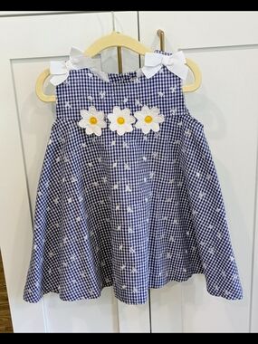 Rare Editions Blue Gingham Dress with White Daisy Appliqués
